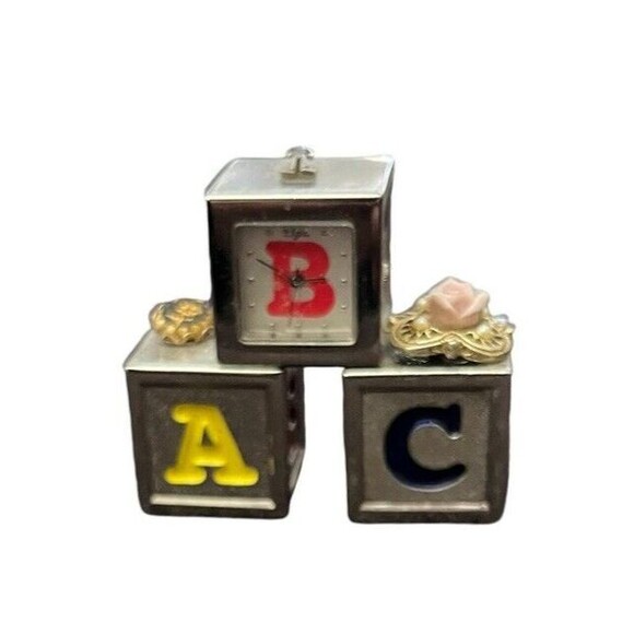 Miniature Elgin Quartz Analog Metal Children's ABC Blocks Battery Clock 1.75" - Picture 1 of 6